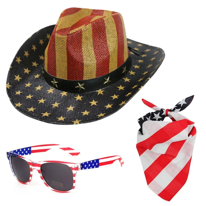 New United States Flag Western Cowboy Hat Glasses Square Scarf Glasses Matching Set for Outdoor Events, Music Festivals, Parties