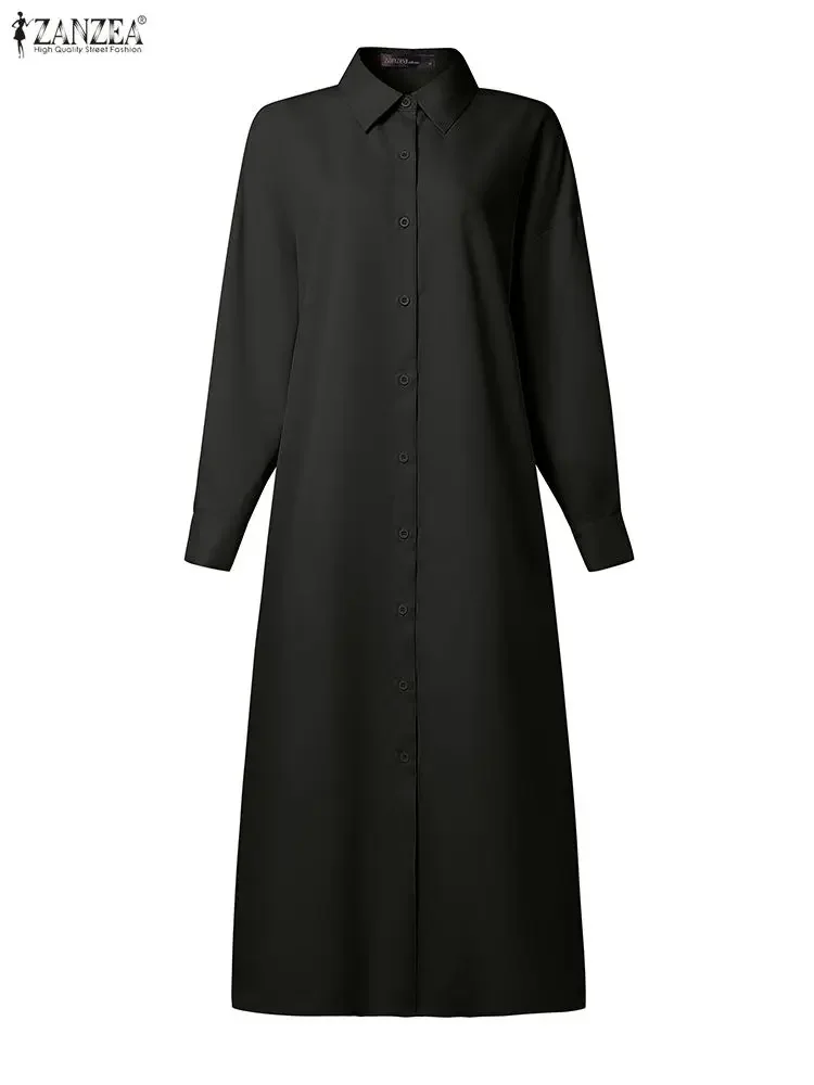 Mode Schlitz Saum Frauen Lange Kleider Casual Drehen-unten Kragen Langarm Tasten Einfarbig Shirtdress ZANZEA Frau Kleidung 3XL