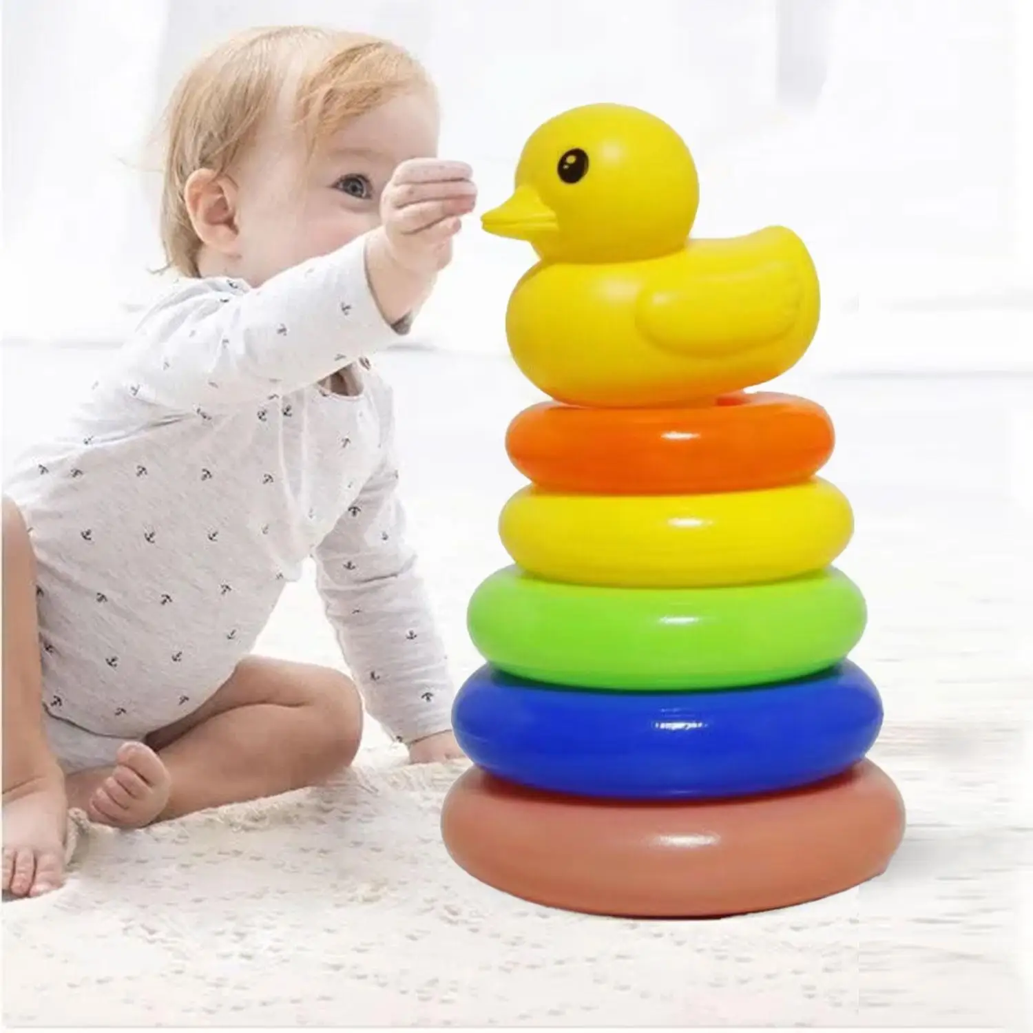 

Early infant learning rainbow stacking toy puzzle to develop intelligence rainbow tower ring yellow duck, Christmas gift