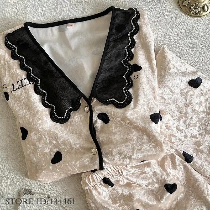 

Бархатный пижамный комплект из 2 предметов, женская одежда для сна с милым принтом Love, домашняя одежда, осень-зима, новая велюровая ночная рубашка, свободная одежда для дома