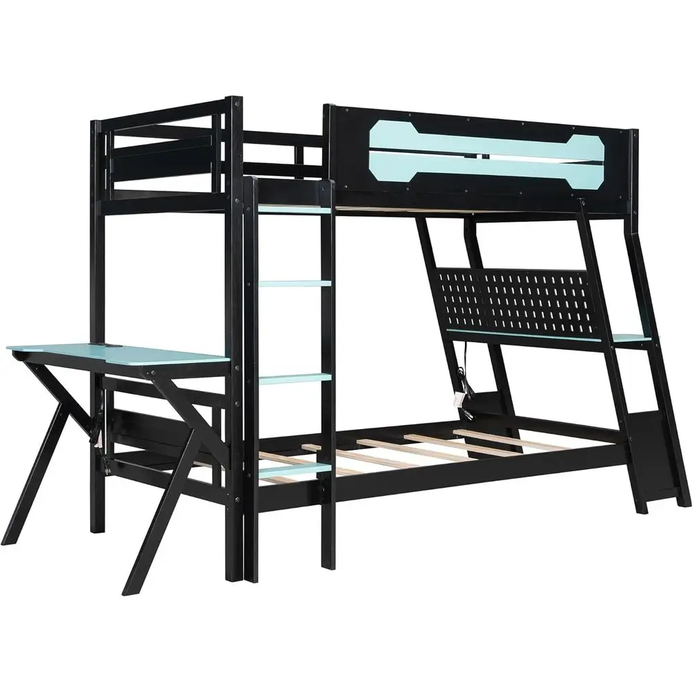 Twin Size Gaming Bunk Bed with 2 Desks, USB Ports, and Pegboard Storage for Kids and Adults (Blue, 12.5) view 5