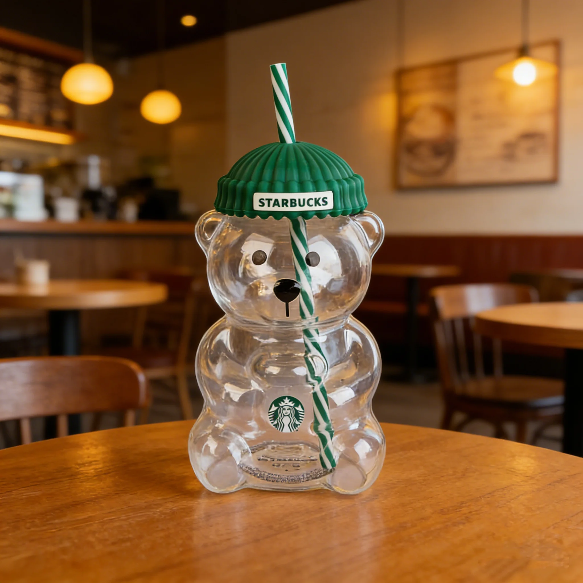 Vaso de Vidrio Starbucks Bearista Bear con Pajita, 591 ml, Tapa Verde, para Café Helado en Casa