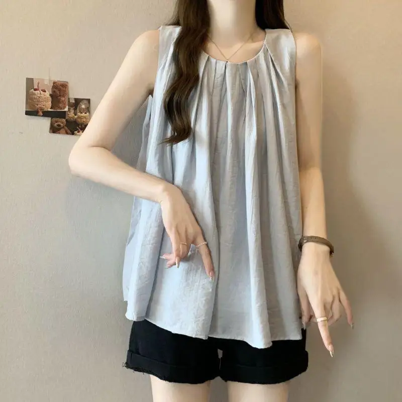 Loose Fit Sleeveless round Neck Women's Top Summer New Style plus Size Conceal Meat Versatile Slimming Clothing Cleanfit 3D