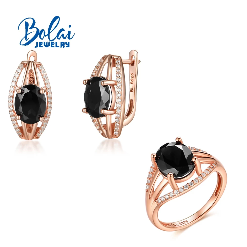 

Light luxury 925 sterling silver Ring Earrings Natural Black Spinel oval 8*10mm gemstones fine jewelry for women Festival gift