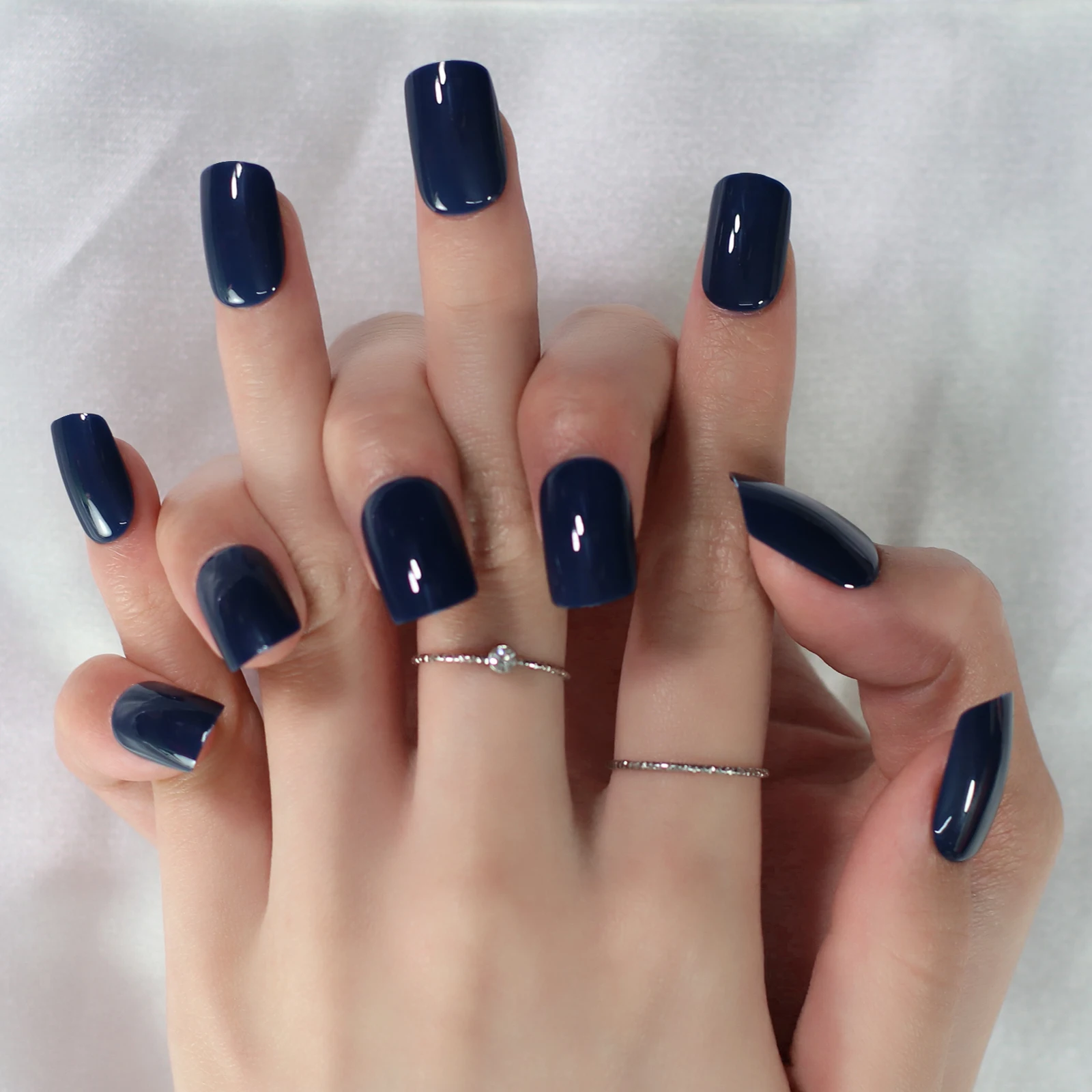 Glossy Full Cover Fingernails Dark Blue Uv Gel Fake Nails Art High Light Square Shape Good Quality Short Press On Nails Tabs