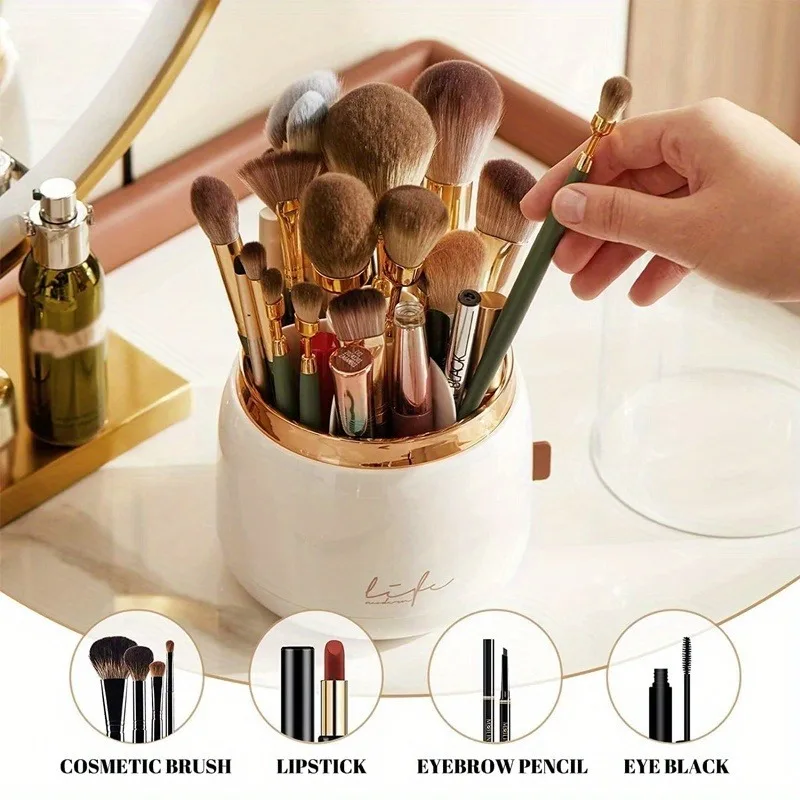 360° Rotating Makeup Brush Holder with Transparent Dustproof Cover – Waterproof Storage Box for Vanity, Bathroom, andOrganizati