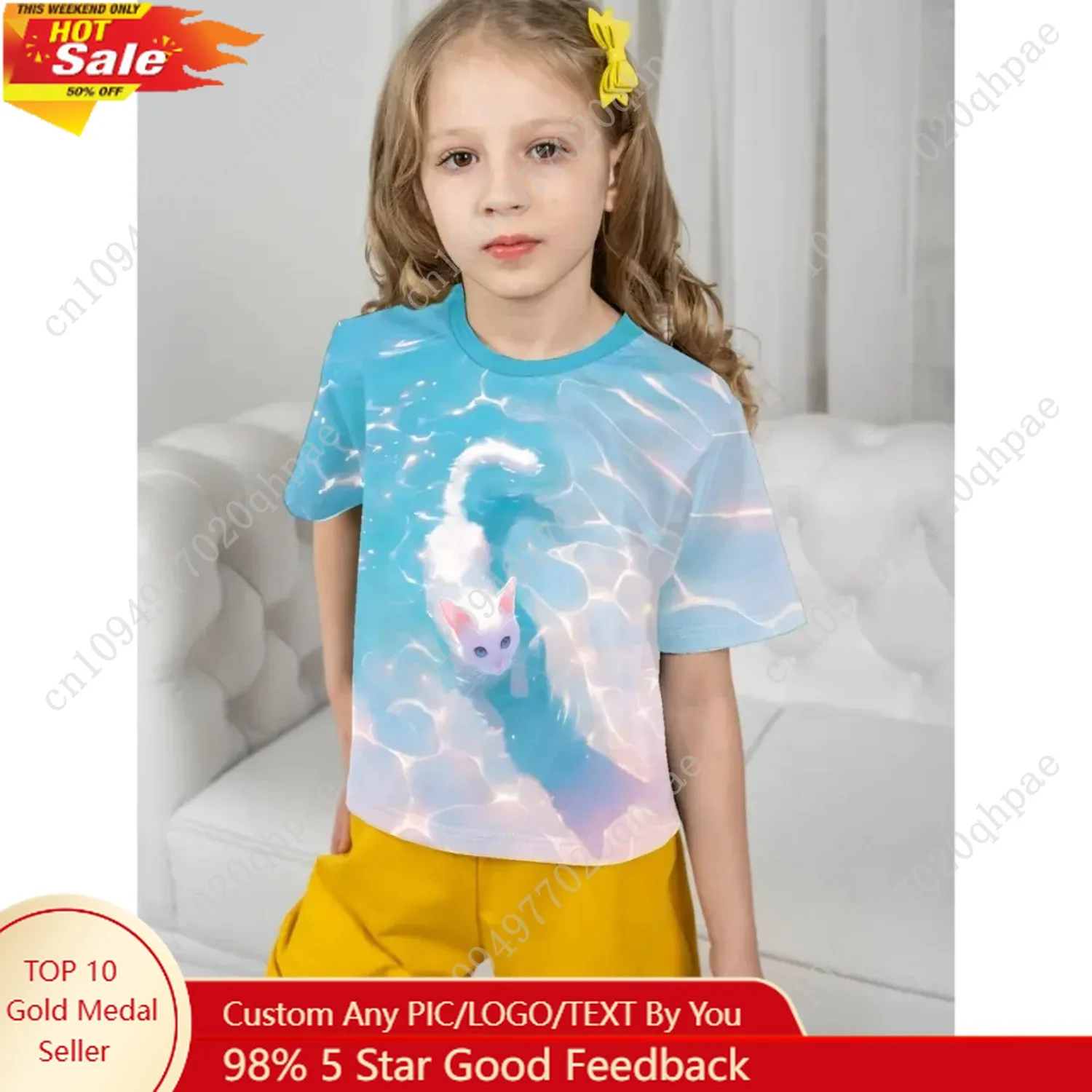 

Summer T-shirt for Girls Cute Cat Print Tops Fashion Comfort Round Neck Short-sleeved Outdoors Quick-drying Children's Clothing
