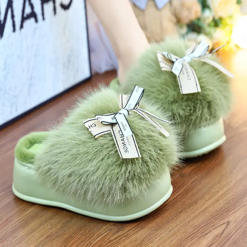 Ladies outdoor lined clogs plush slippers green platform slides shoe Winter warm fur slippers for women fluffy shaggy home shoes