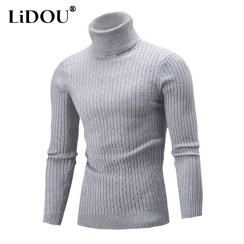 

2023 Autumn Winter New Solid Color Fashion Turtleneck Long Sleeve Jacquard Weave Sweater Man Casual Slim Vintage All-match Tops