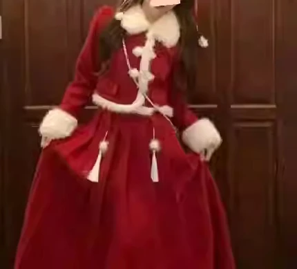 Christmas Two-piece Set New Chinese Red Autumn Winter Sweet Long Sleeve Coat Girl High Waist A-line Fashion Age Reduction Skirt