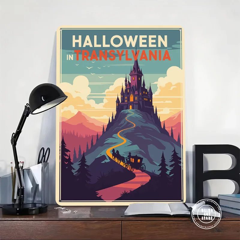 Halloween in Transylvania Vintage Printing Poster Customized Retro Wall Art Vintage Metal Signs for Room Office Decoration House