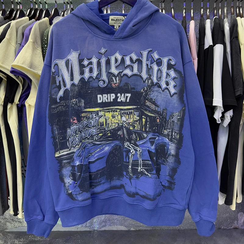 Hip Hop Trend Majestik Hoodie Sweatshirt High Quality Retro Casual Wash Rhinestone Pattern Pullover