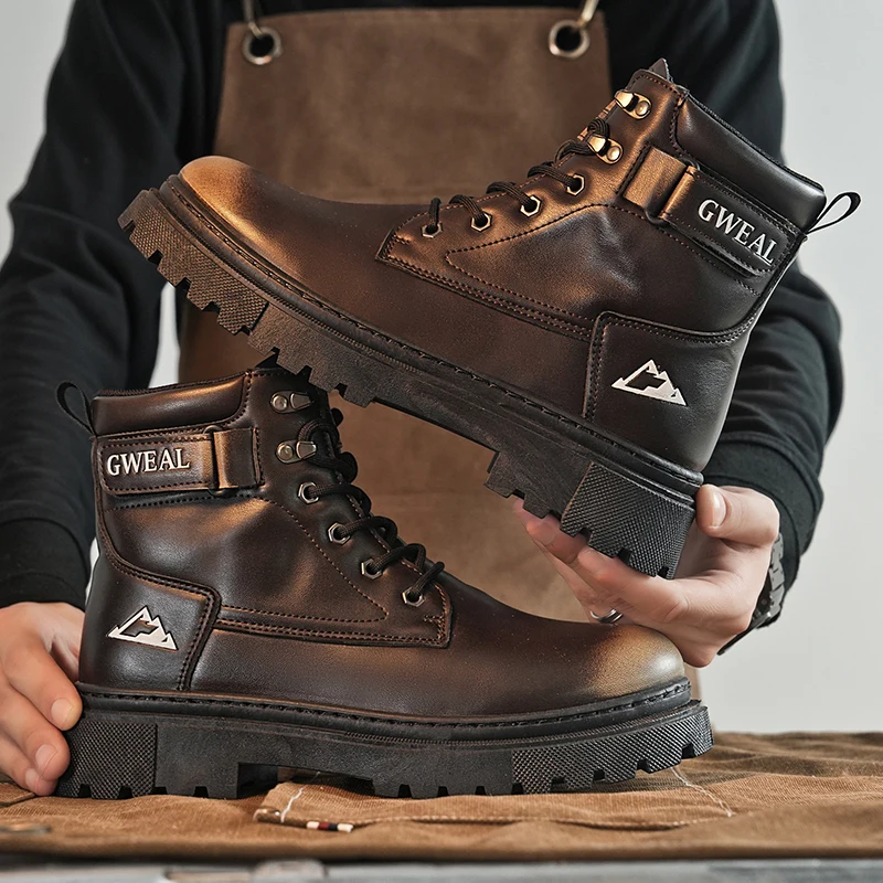 

2025 г. Мужские большие желтые ботинки для улицы, водоотталкивающее покрытие, средние - верхние рабочие ботинки в британском стиле в стиле ретро, зимние зимние хлопковые ботинки Fas