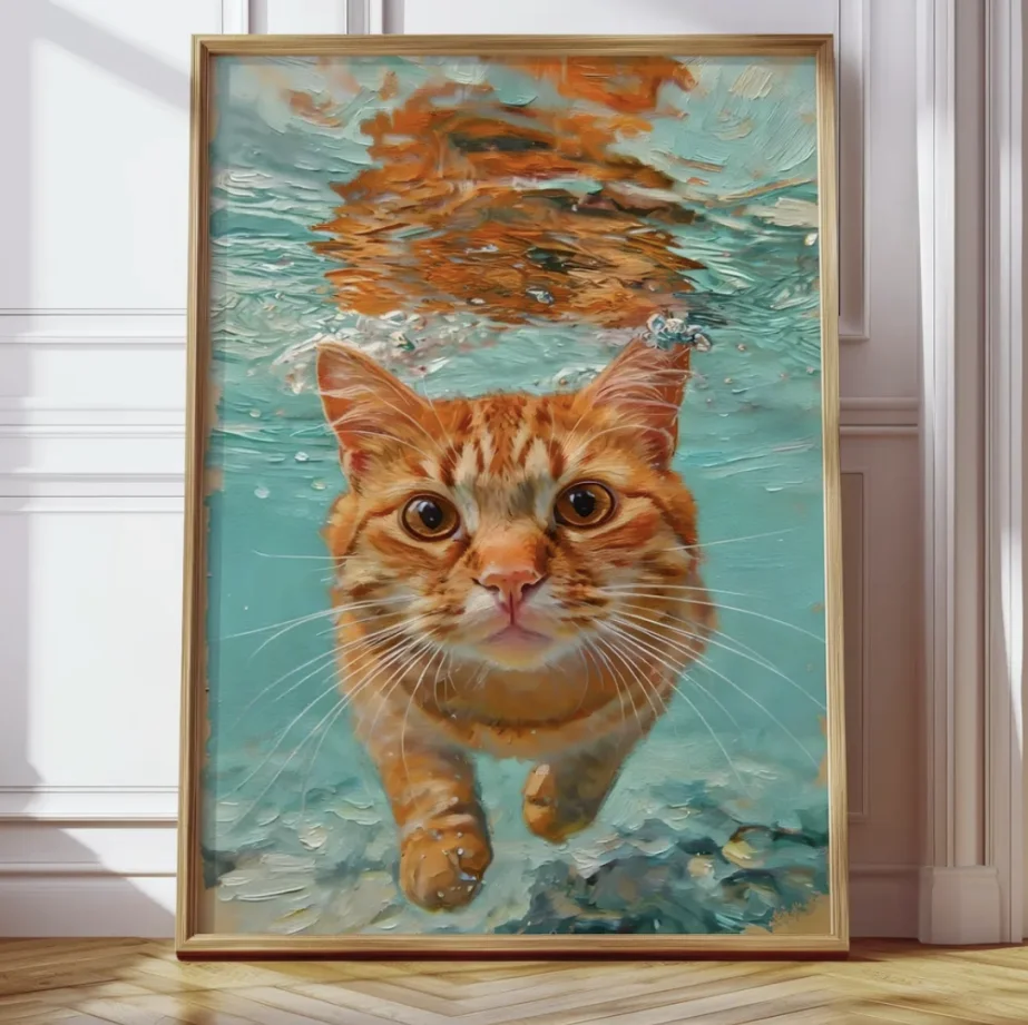 (No frame)Underwater Orange Tabby Cat Canvas Print, Oil Painting Wall Art Decor, For Bathroom, Living Room, Bedroom, Cat Love