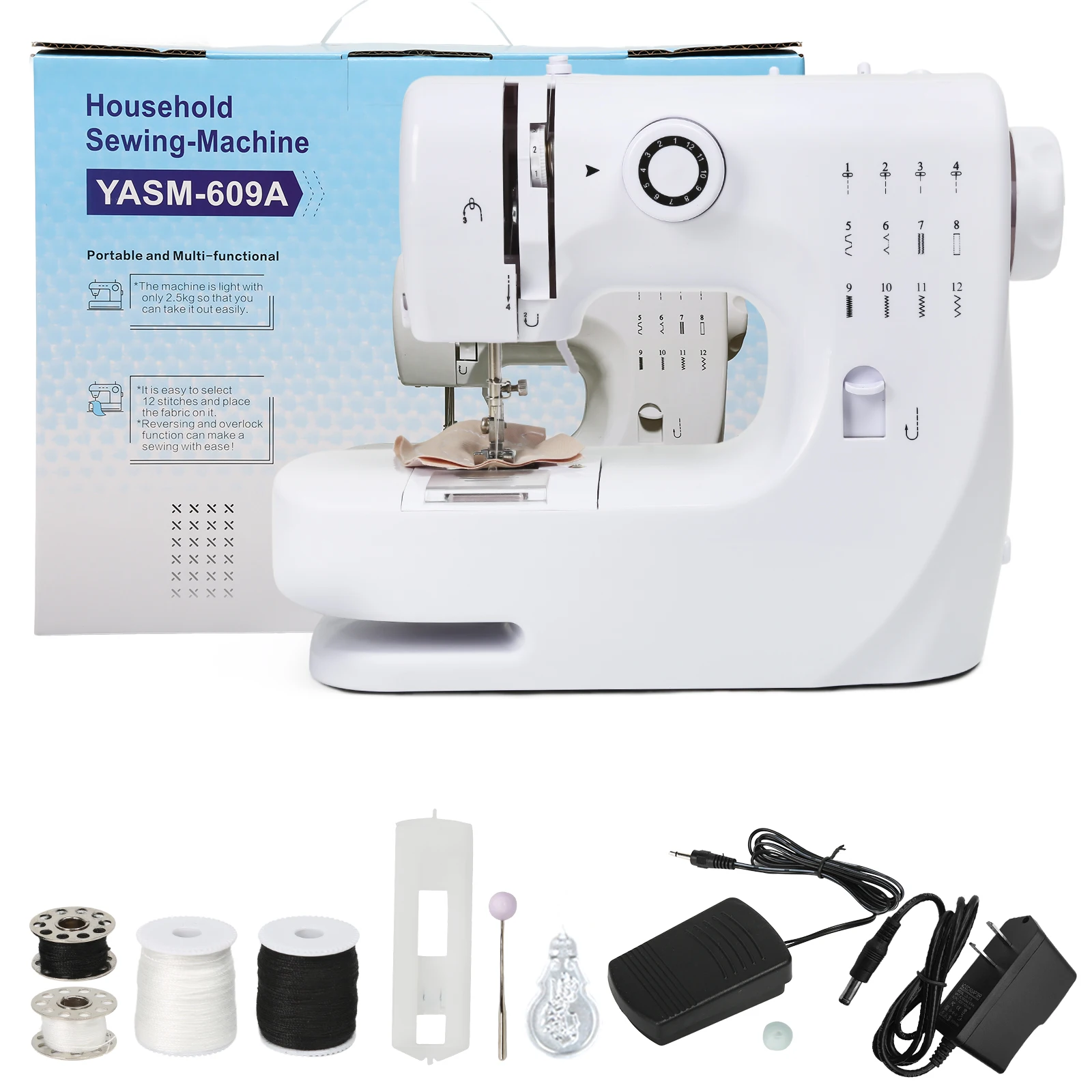 

609A Бытовая мини-швейная машина, электрическая швейная машина с 12 стежками и ножной педалью, модернизированная двойная игла для шитья, вилка стандарта США