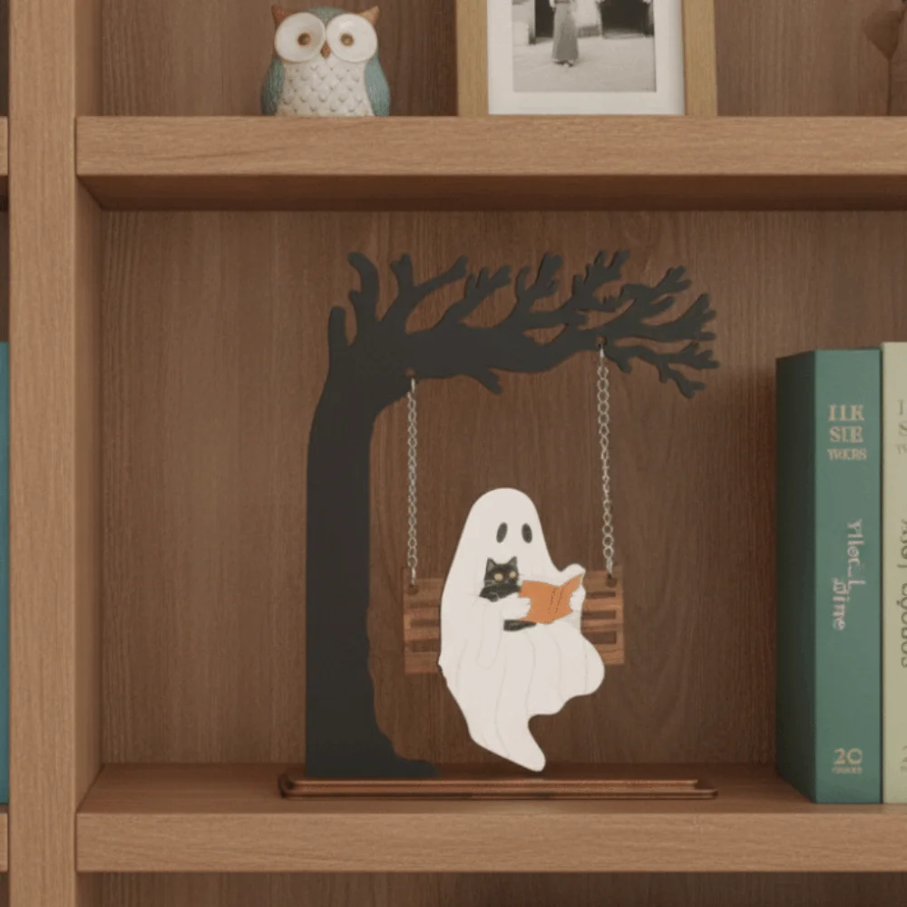 Laser-cut Ghost Swing Ornament Freestanding Eco-friendly Wooden Halloween Crafts Lightweight Rustic Spooky Tree Sculpture
