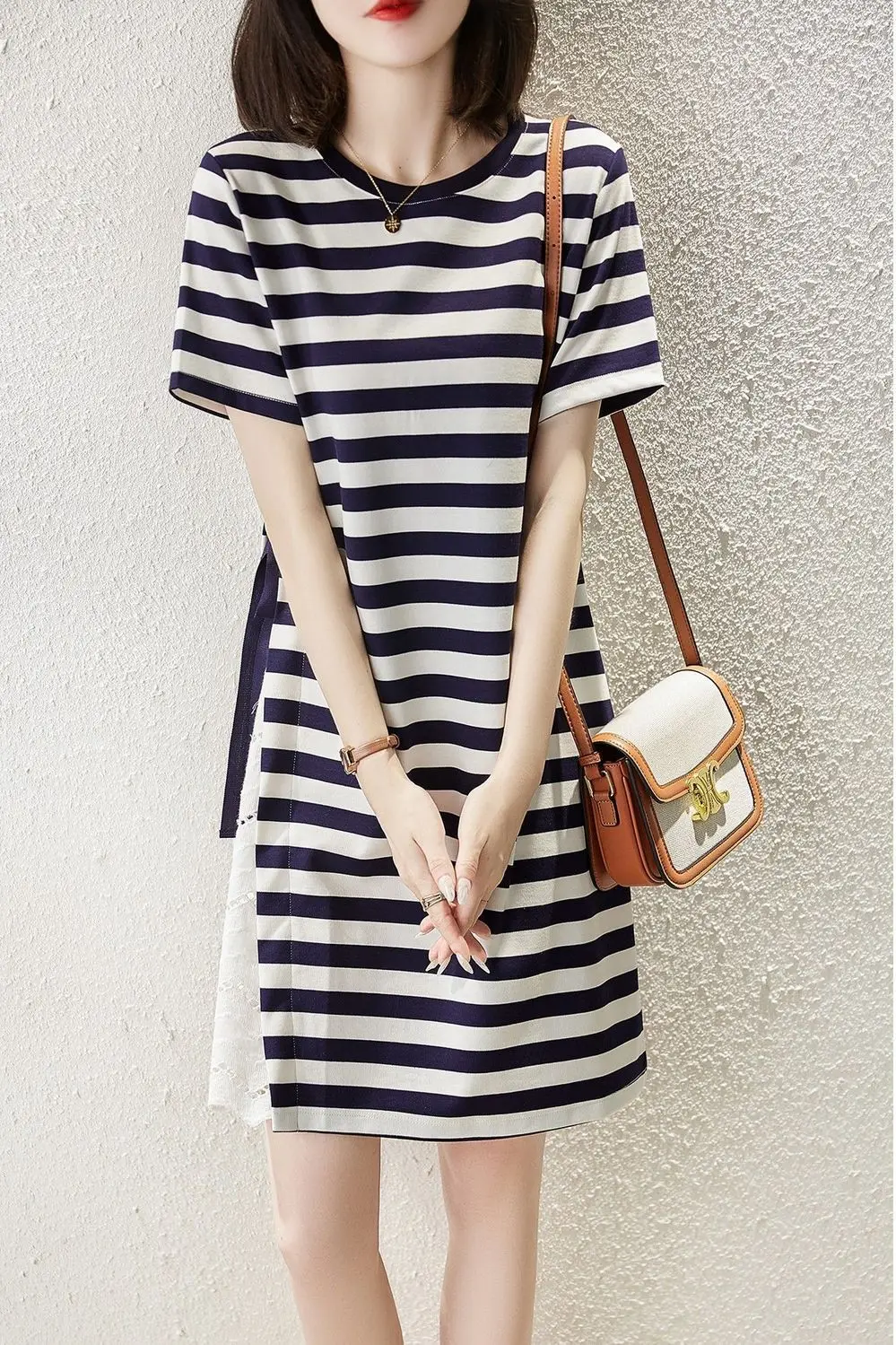 Splicing Striped T Shirt Summer Dress for Women Clothes 2023 New In Casual Fashion 100% Cotton Patchwork Short Sleeve Dresses