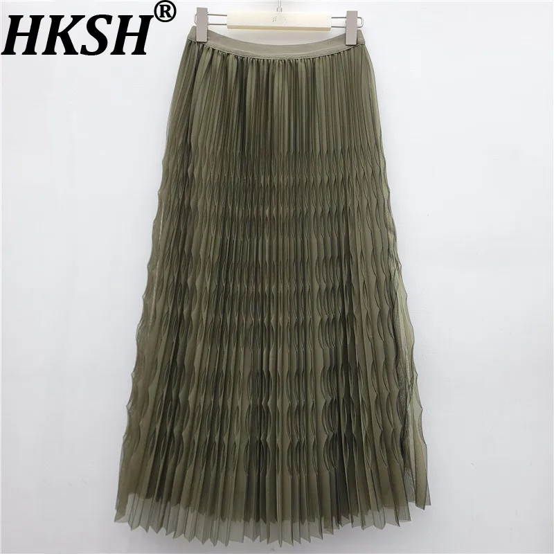 HKSH Women Skirt Niche Design Heavy Accordion Pleated Elastic Waist Solid Color Versatile High Street A-Line Long Skirts HK26741