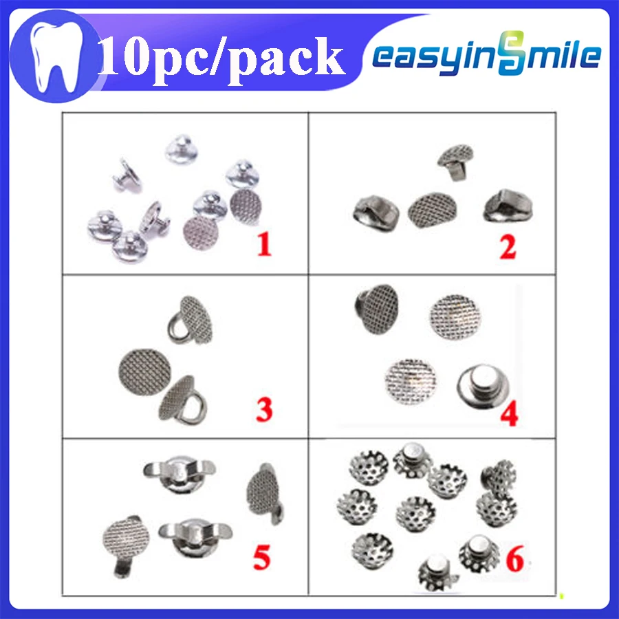 10pcs/Pack Easyinsmile Dental Lingual Buttons Orthodontic Buckle Bondable MIM Round Mesh Base Cleat With Hook For Brackets