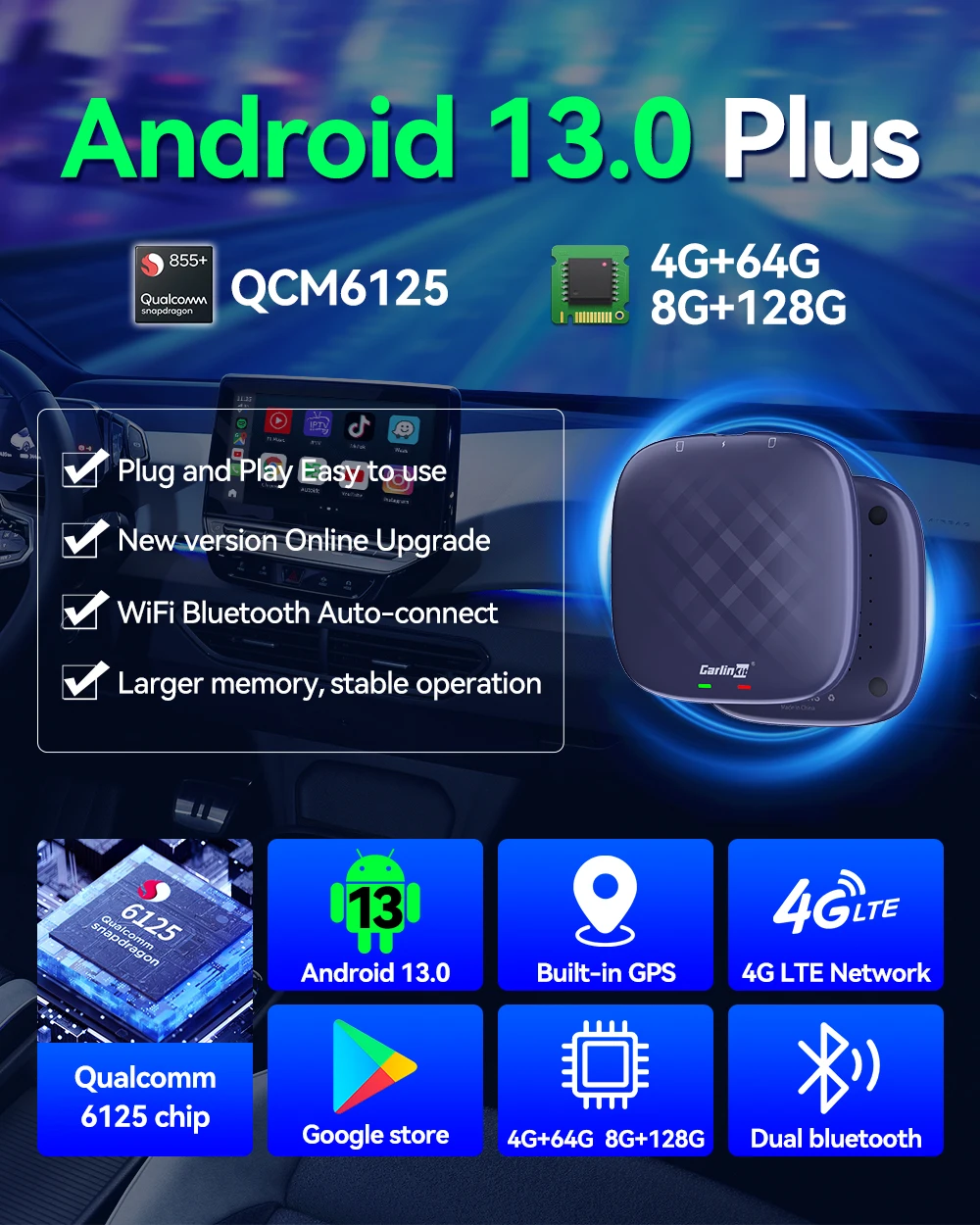 Android 13 CarlinKit Android Auto Wireless CarPlay AI TV Box QCM6125 8-Core Split Screen 64G 128G Für Netflix YouTube Play Store – Detail 2