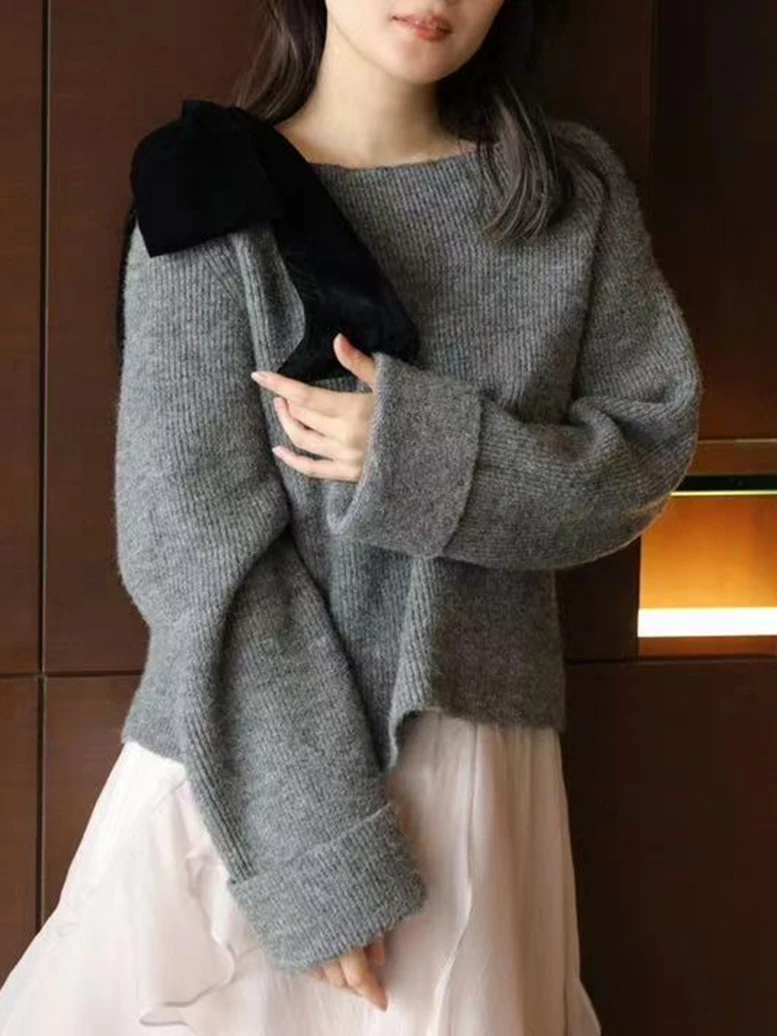 

ort Velvet Sweater with Detachable Large Bowknot New Autumn Winter Pure Color oulder Japanese Sle Women's Knitted Top