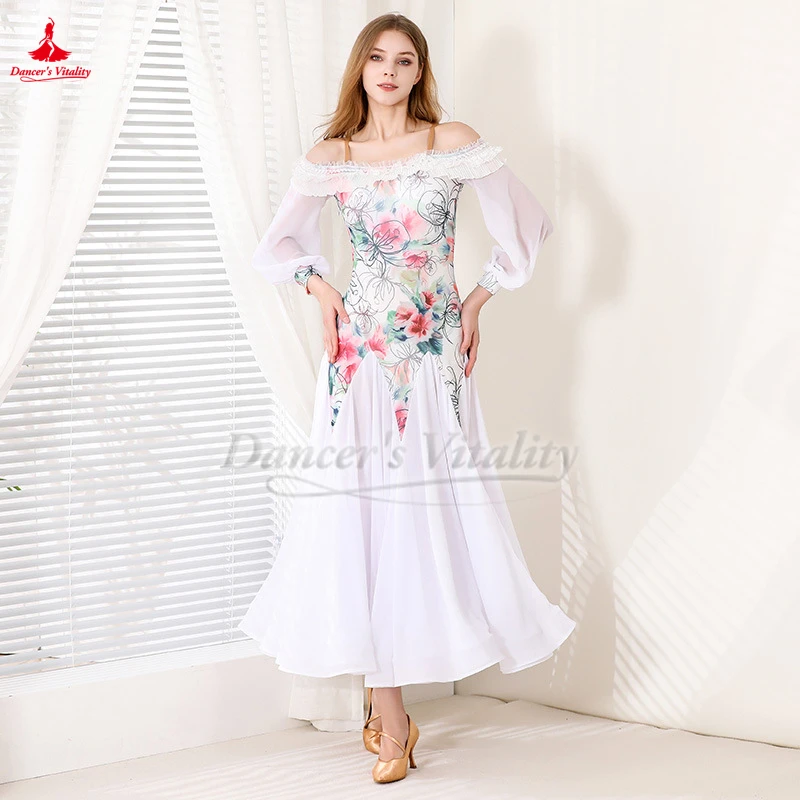 Ballroom Dance Lantern Sleeves Flower Print Dresses To Women Adult Waltz Foxtrot Tango Quickstep Professional Practise Costume