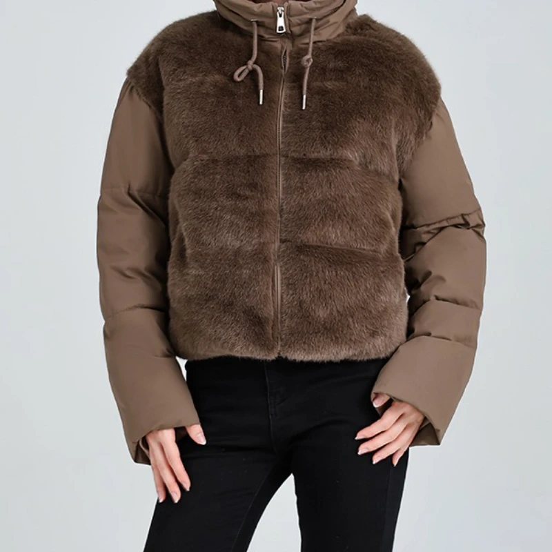 

2025 Short and Short Hooded Down Cotton Jacket Winter New Breadms Spliced Thick Coat