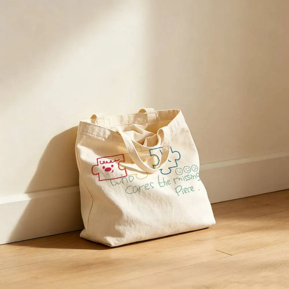 Cute Jigsaw Puzzle Canvas Tote Bag Waterproof Lining Large Capacity Reusable Shopping Bags Casual Student Daily Handbag