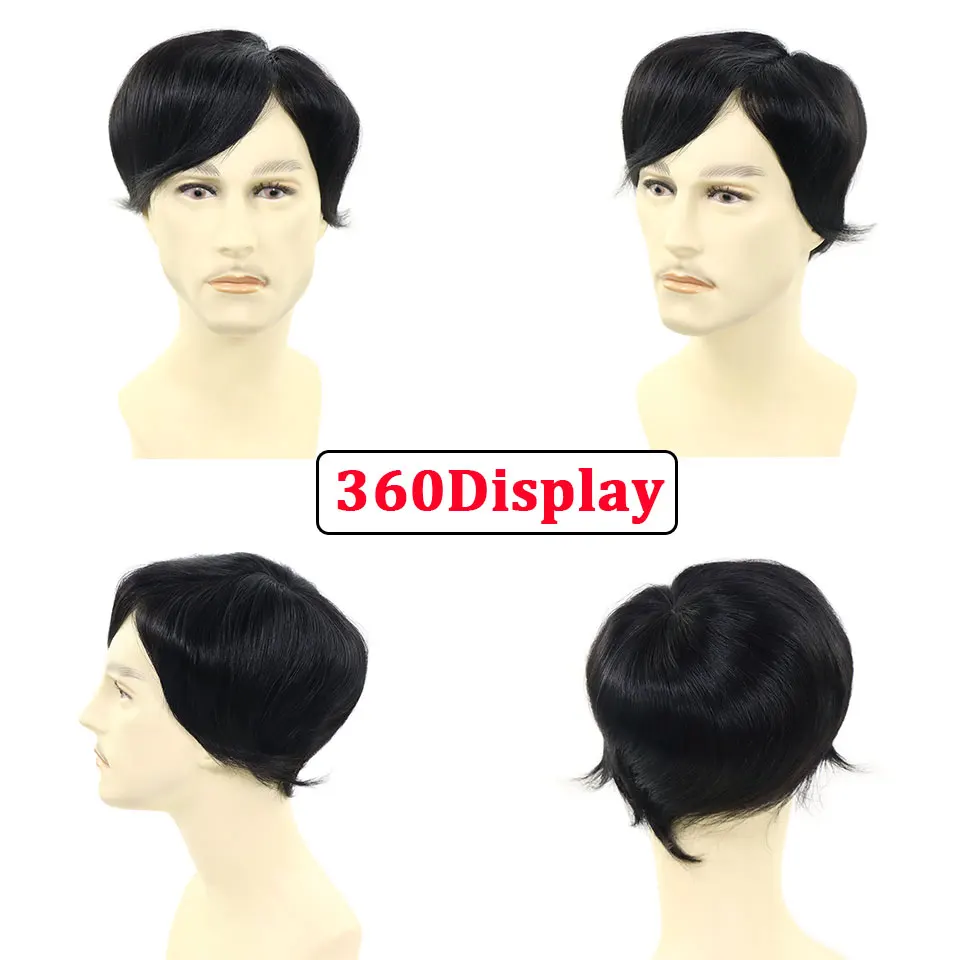 قاعدة الحرير PU مع شعر مستعار الدانتيل الذكور # 1B الرجال الشعر المستعار مستقيم ريمي الشعر البشري الرجال الشعرية الاصطناعية نظام الشعر 4 بوصة طول الشعر #6