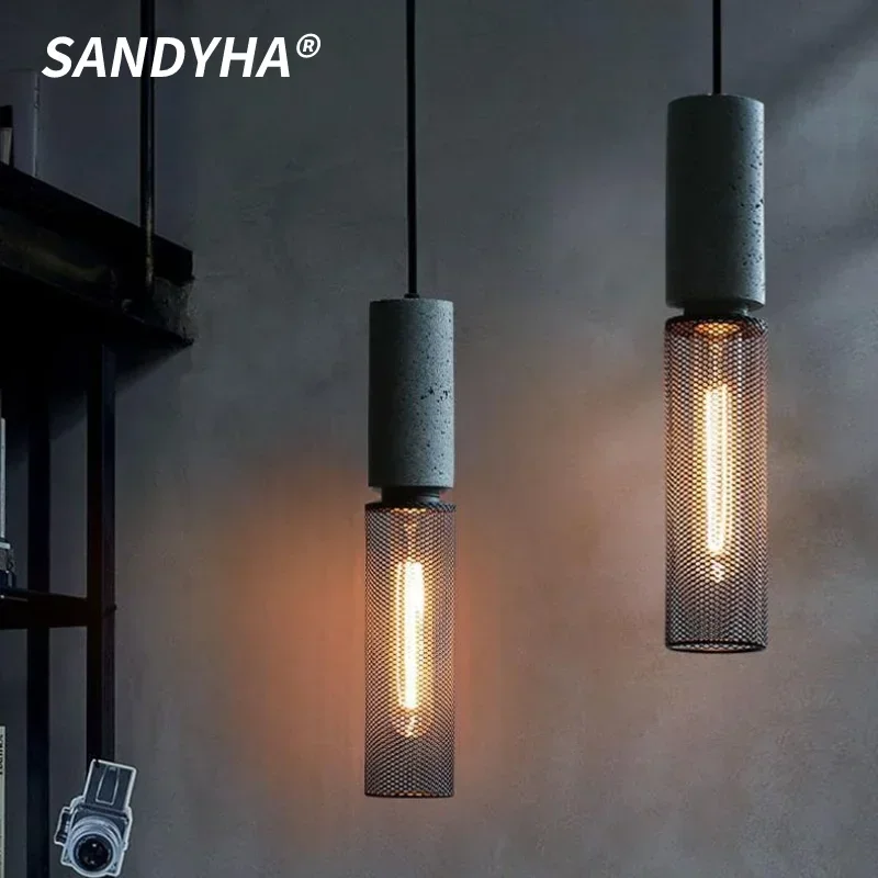 

SANDYHA Industrial Cement Pendant Lights Corridor Iron Chandelier For Bedroom Dining Room Entrance LED Hanging Lighting Fixture
