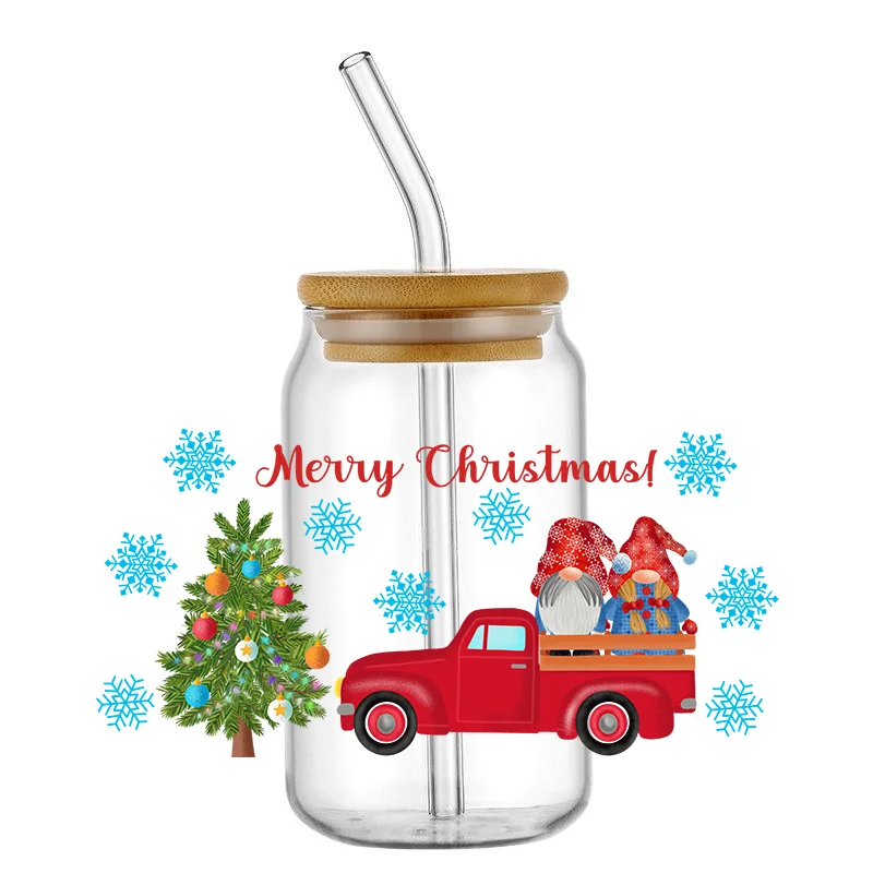 Christmas Santa Claus 16OZ UV DTF Cup Wrap Transfer Stickers Custom Labels DIY Waterproof Logo For Libbey Glass Can