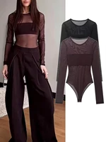 Women Sexy Mesh See Through Bodysuit Women Long Sleeve Sheer Bodysuits O Neck Bodycon Jumpsuit Female Romper