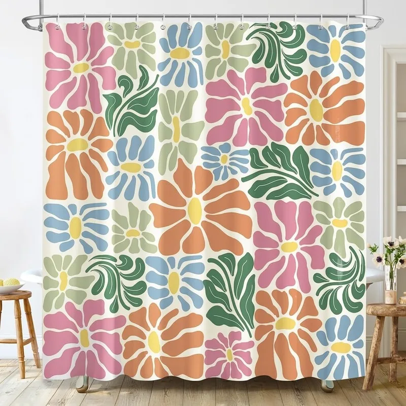 Matisse Style Abstract Flower Shower Curtain Color Block Fresh Artistic Bathroom Decor No Drilling Installation With 12
