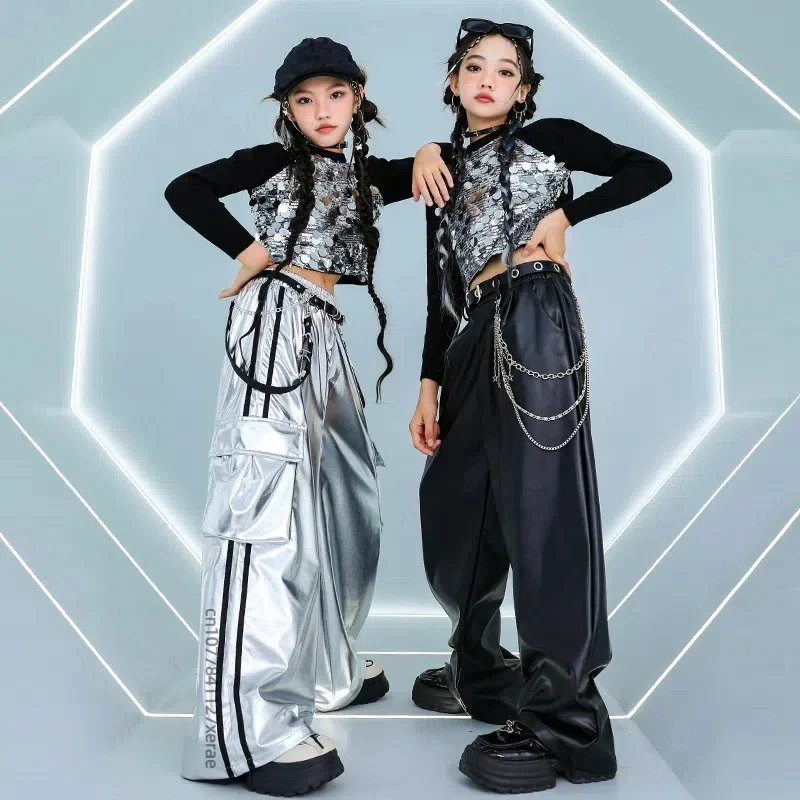 Jazz Dance Costume for Girls, Street Bombing Silver Black Sequin Dance Costume Set, Children's Street Dance Performance Costume
