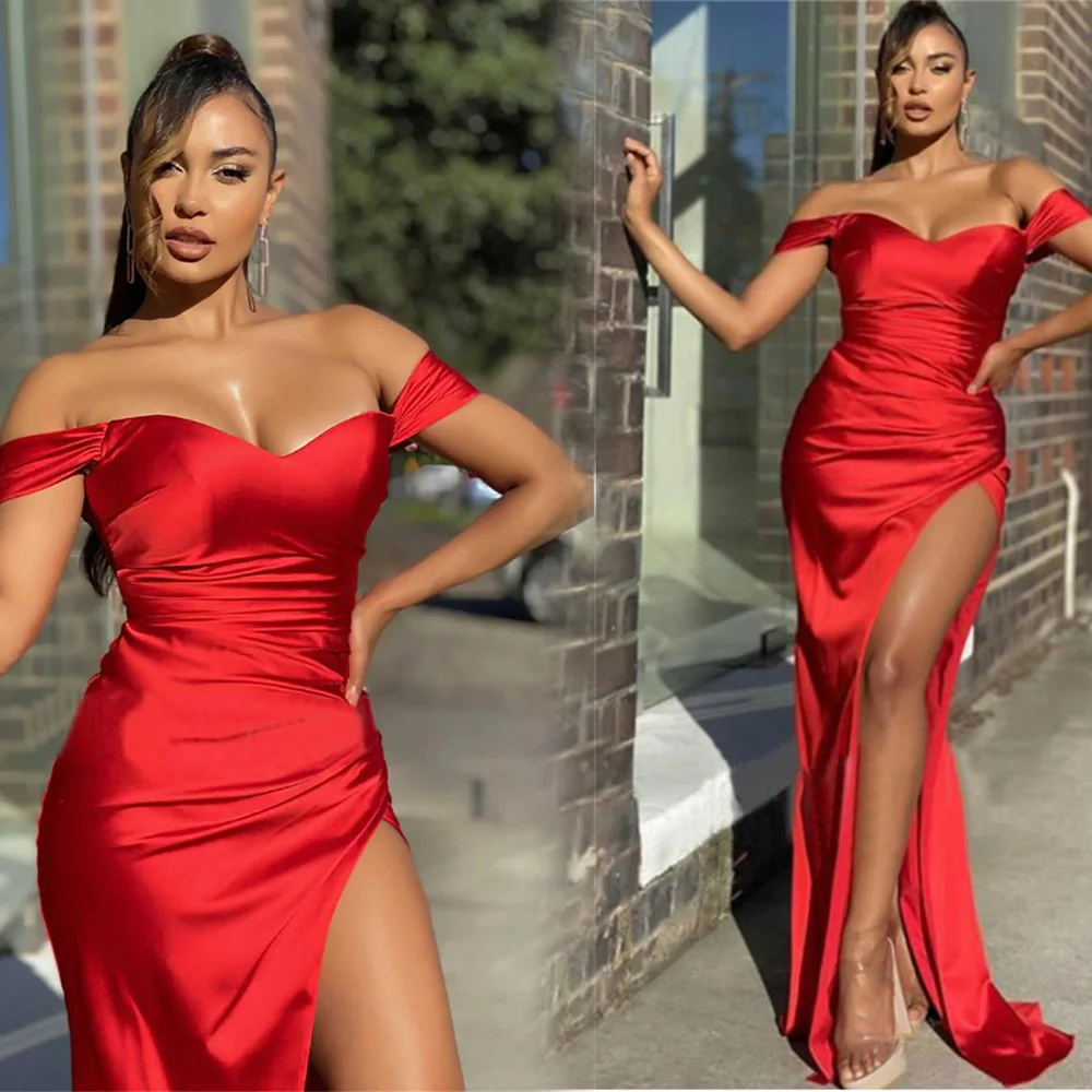 

Sexy Formal Prom Party Gown Trumpet Off-Shoulder Sleeveless Floor-Length Sweep Train Satin Thigh-High Slits