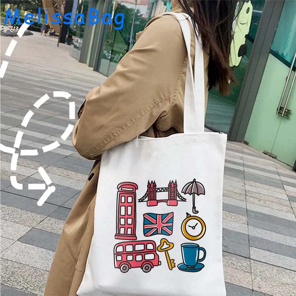 London England United Kingdom UK Flag Big Ben Bus Royal British Union Jack Gift Canvas Shoulder Tote Bag Harajuku Cotton Handbag