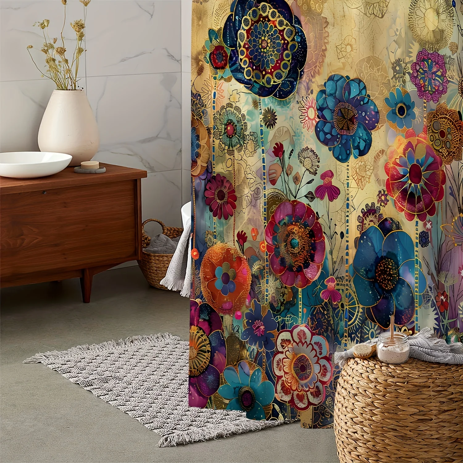 Vintage Mandala Floral Shower Curtain - Waterproof, Includes 12 Hooks, Machine Washable Polyester Bathroom Decor