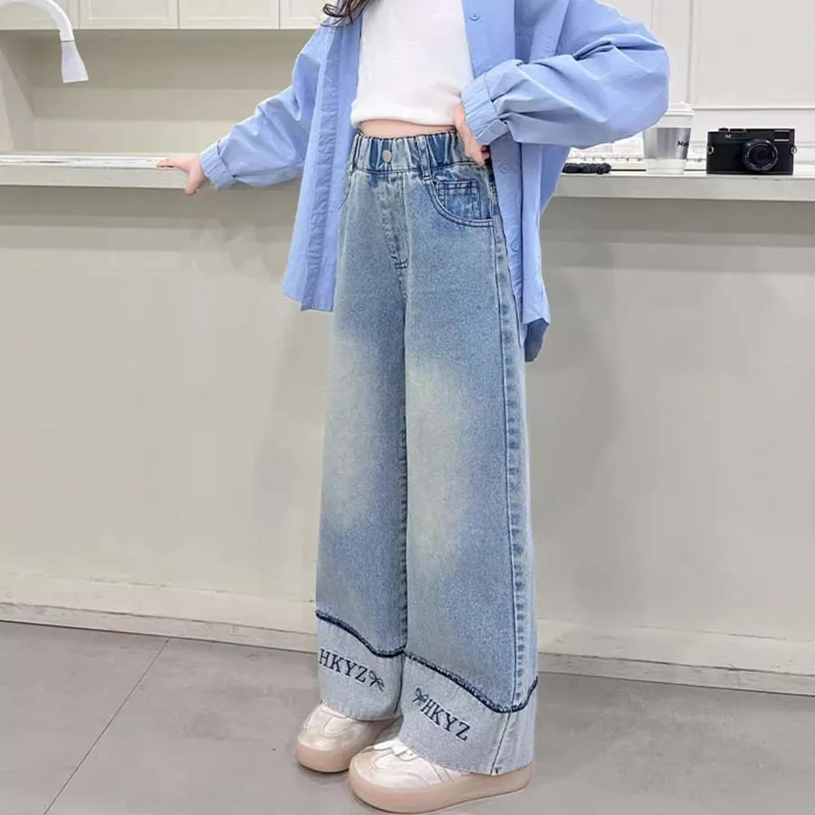 

Весенне-осенние стильные прямые джинсы с вышивкой для девочек, школьные джинсовые брюки для детей, уличные джинсовые штаны, детская одежда, нижняя одежда для детей 3-14 лет