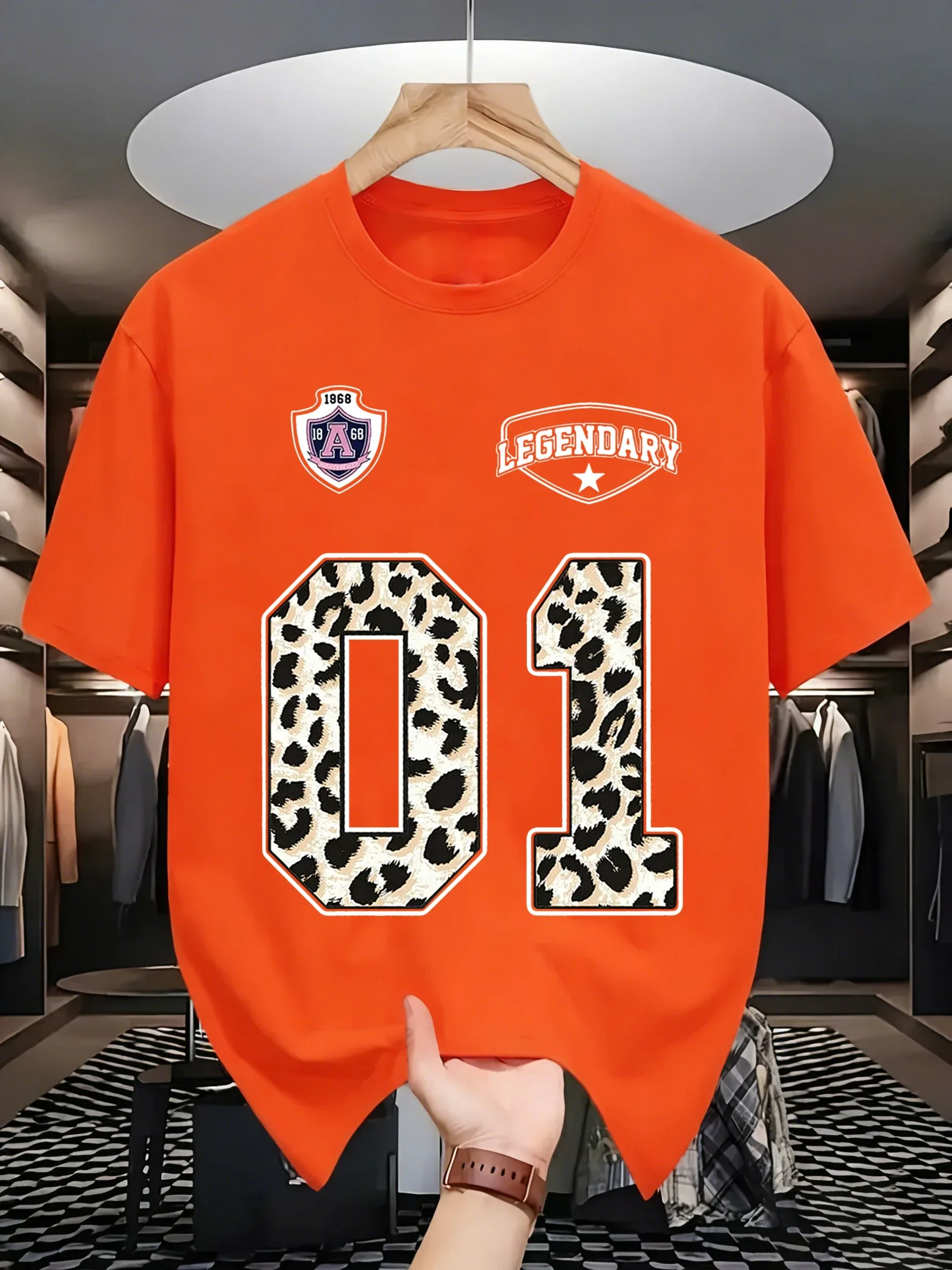 Number 01 Composed Of Leopard Print Prints Men Soft Breathable O-Neck T-Shirt All-Match Cotton Top Loose Casual Short Sleeve