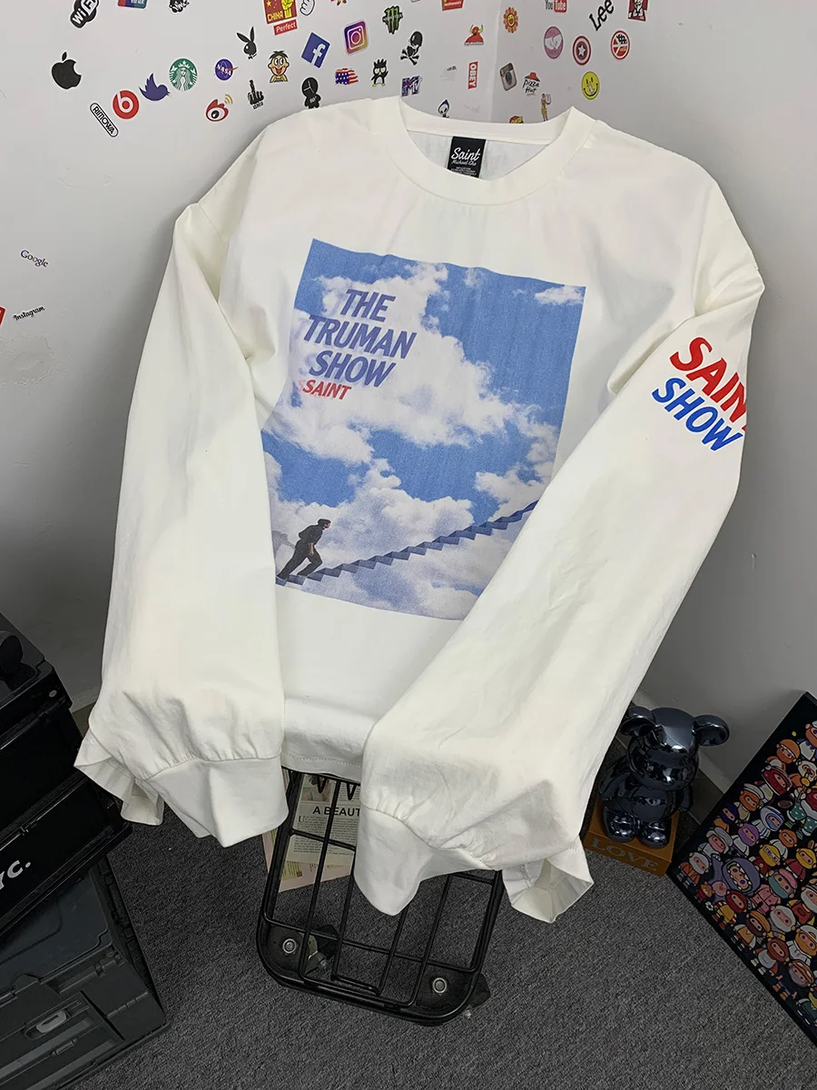 

Retro Streetwear Vtg T-Shirt Loose Long Sleeve Washed Print Cotton Casual Style for Couples Autumn Breathable round Neck T-Shirt