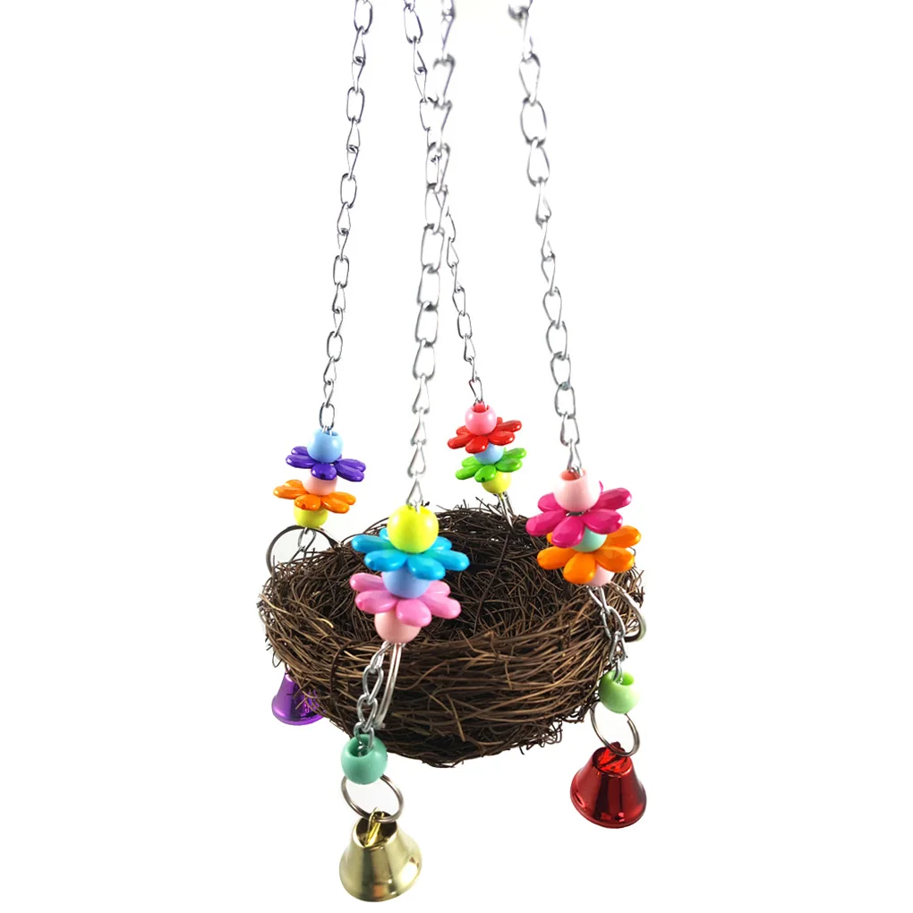 ชิงช้านกหวายกรงสำหรับสัตว์เลี้ยงสำหรับเคี้ยวปีนเขาแบบแกว่งพร้อมกระดิ่งของเล่นเปลสีแบบสุ่มขนาดเส้นผ่าศูนย์กลาง12ซม./20ซม.