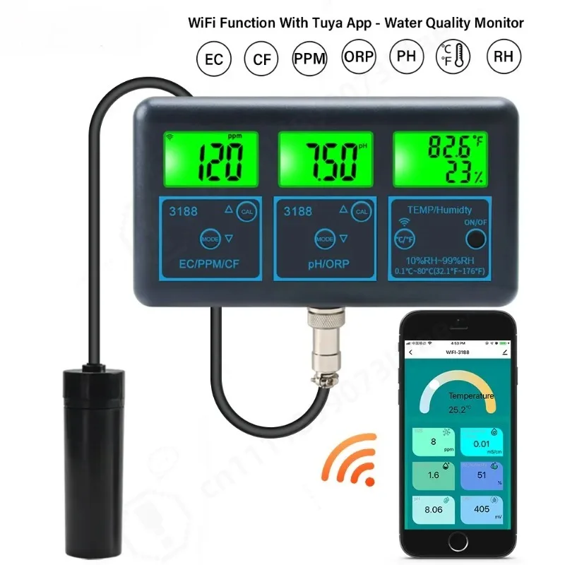 7In1 WiFi Tuya PH Meter Temp TDS(ppm) EC ORP Water Monitor PH Electrode Water Quality Tester for Aquariums Tank Hydroponics Pool
