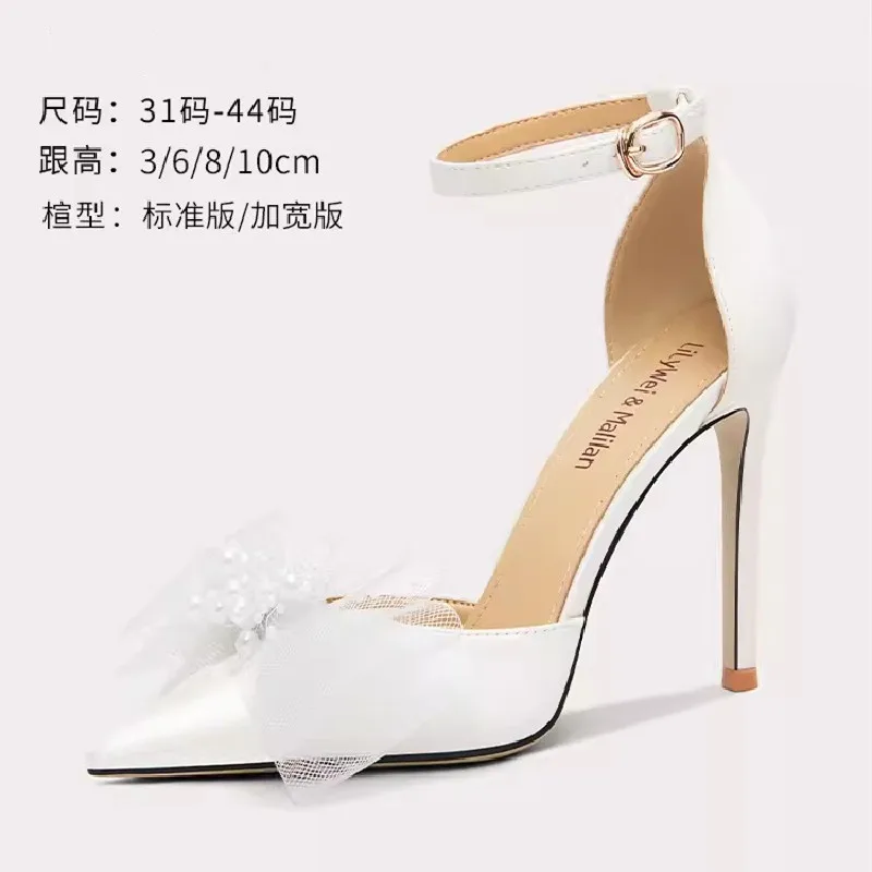 

Spring and Summer New Pointed Silk Satin Mesh Bow Bridal Wedding Shoes High Heels Banquet Dress Large and Small Women's Sandals