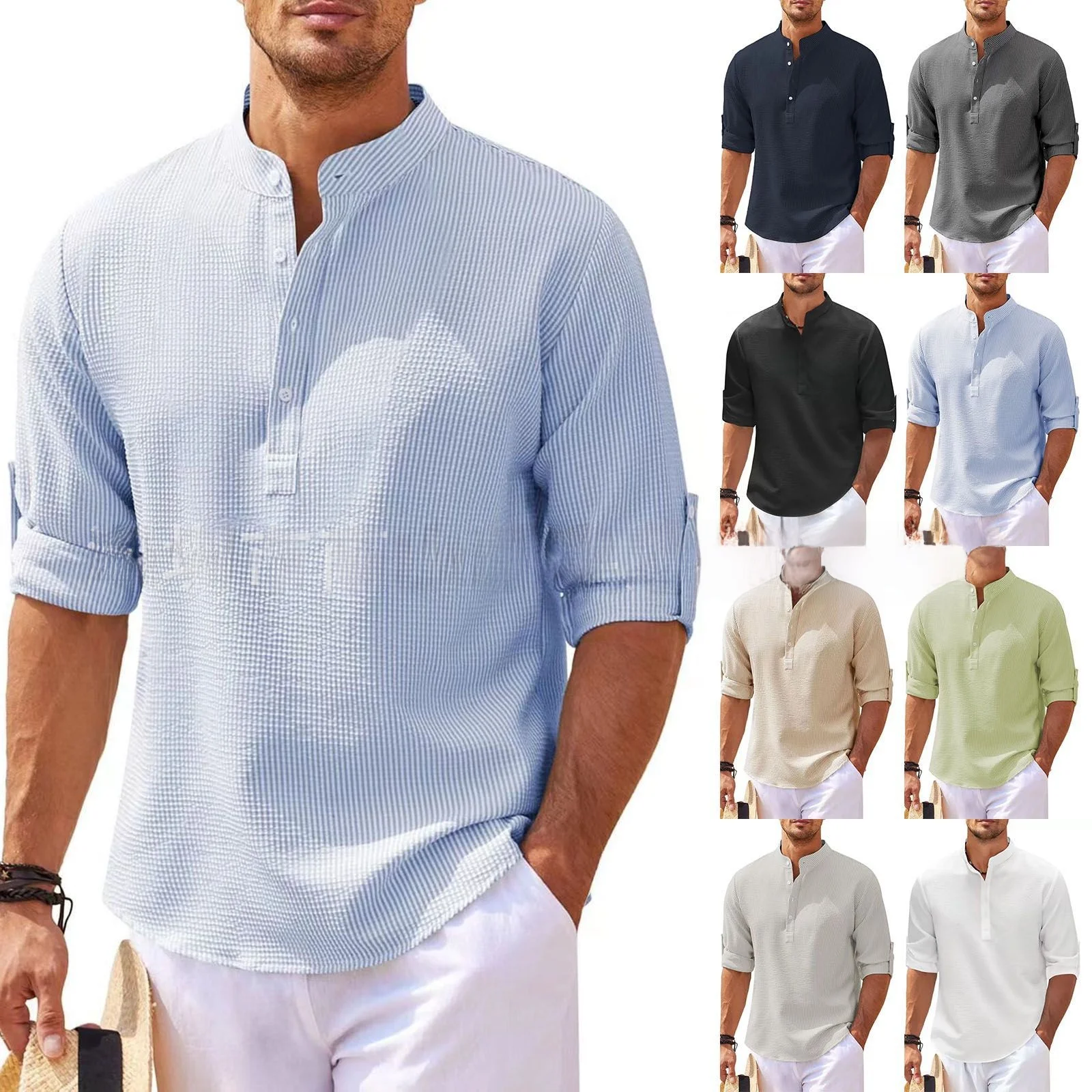 

Casual Men's Long Sve Button up irt Pure Color Stand Collar Loose Fit All Season Versatile M Faion eBay Top Seller