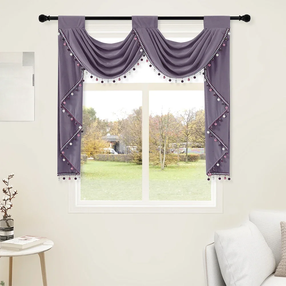 New Design Solid  Window Luxury Valance Curtains with Attached Beads Waterfall Swags Jabot Fancy Small  Home Decor