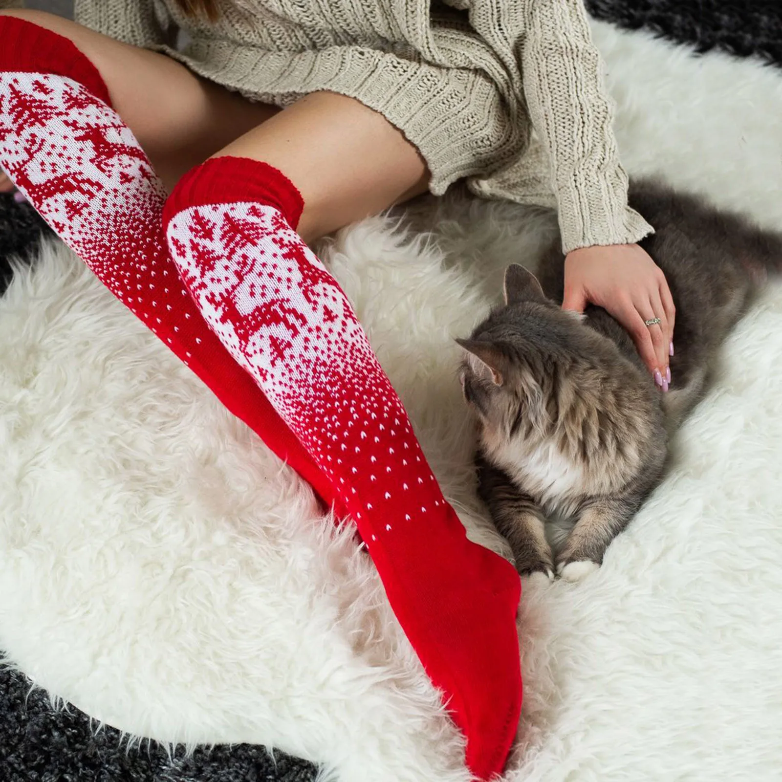 Christmas Knitted Stockings Elk Print Winter Warm Long Knee Sock Xmas Reindeer Thigh High Over Knee High Socks