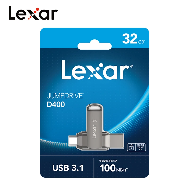 Original Lexar USB 3.1 Pen Drive Type-C Flash Memory Drive 32GB 64GB 128GB 256GB D400 130MB/s Metal Pendrive for Phone Laptop