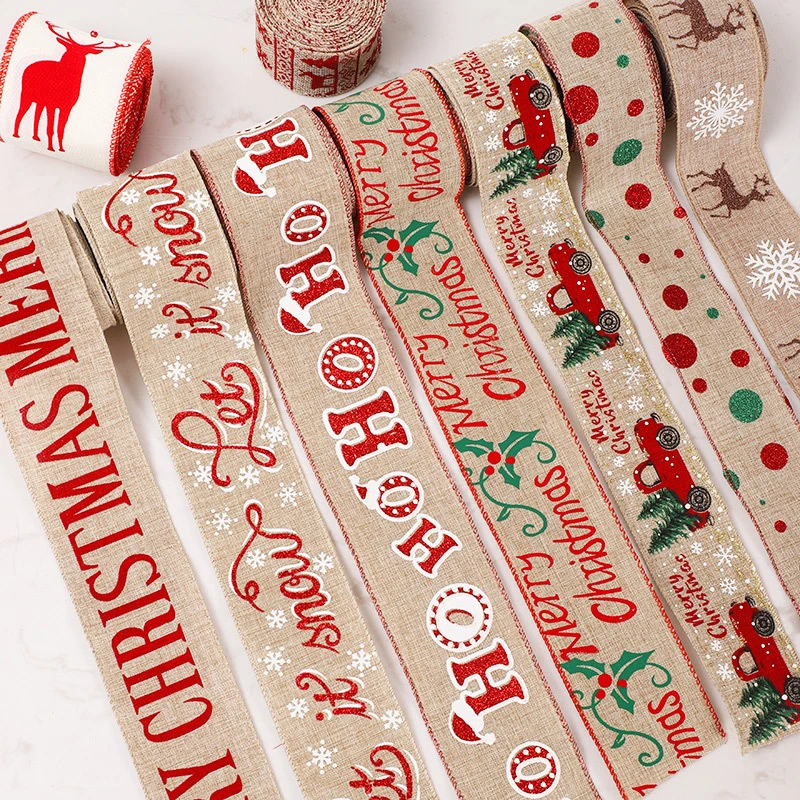 2M Christmas Linen Ribbons Merry Christmas Snowflake Deer Printing Ribbon For DIY Decorations Ornaments Gift Packaging Wrapping