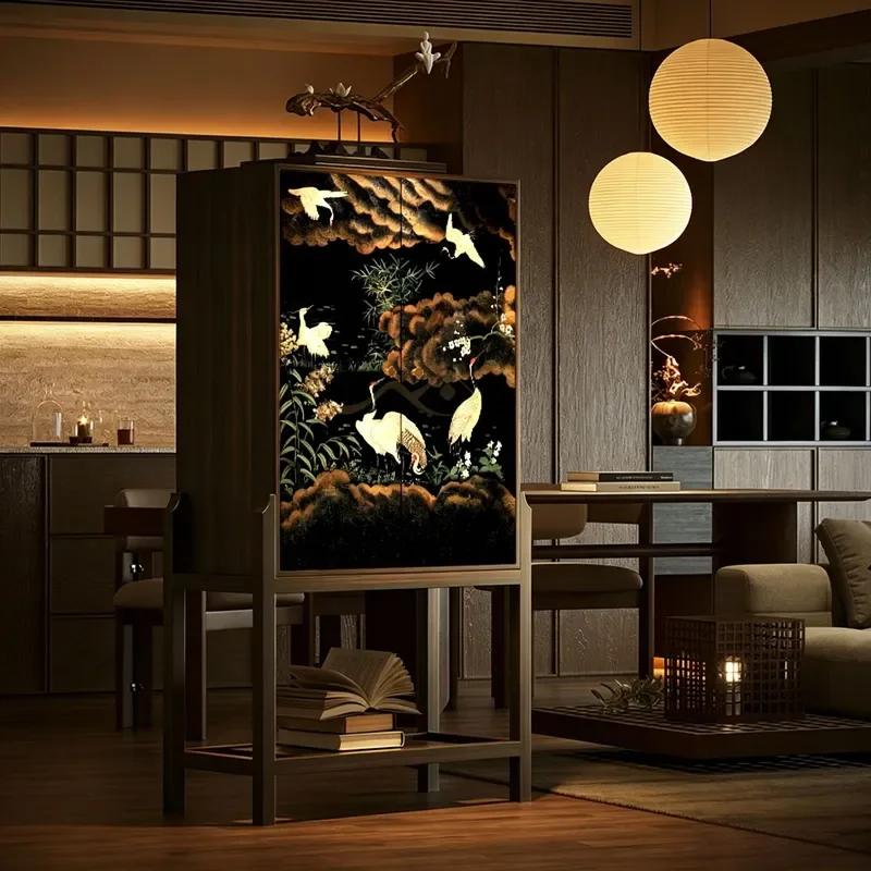 New Chinese Solid Wood Tall Short Cabinet Black Crane Motif Entryway Sideboard Living Room Partition Storage Furniture Decor