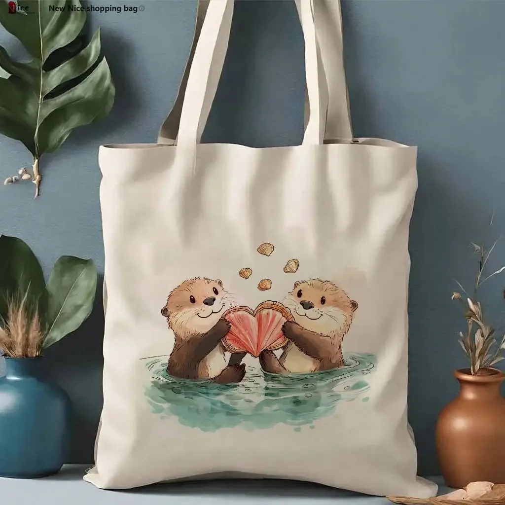 1pc Otter Tote Bag Adorable Aesthetic Reusable Two Shopping Bag Otter and Seashell Tote Bag Lightweight Grocery and School